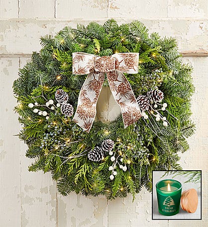 Snowy Pine Christmas Wreath + Free Candle